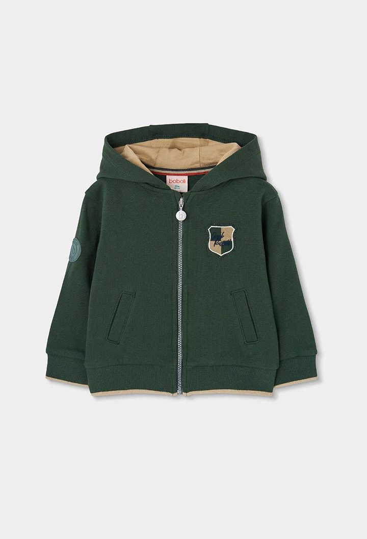 Giacca in spugna bambino verde con cappuccio e toppa