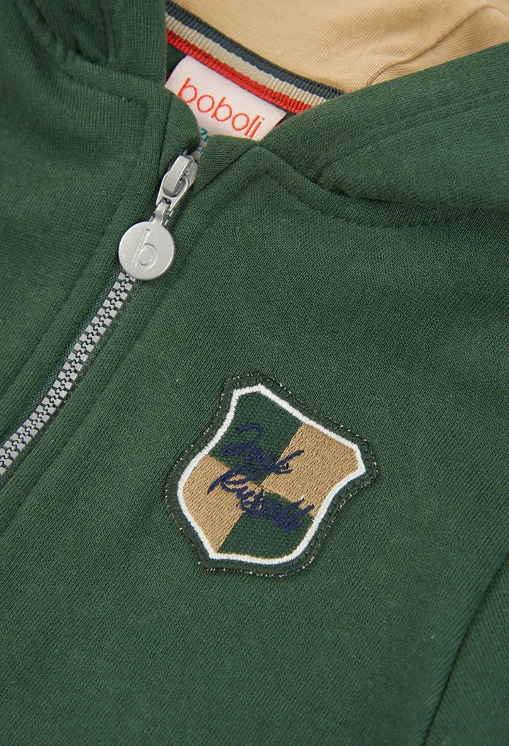 Green hooded fleece jacket for boys with patch