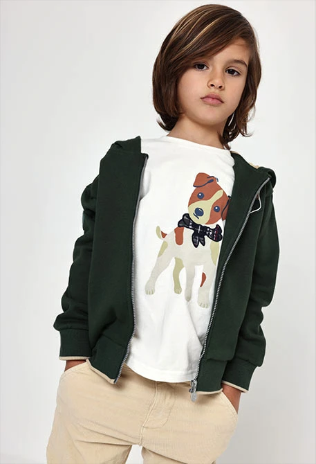 Green hooded fleece jacket for boys with patch
