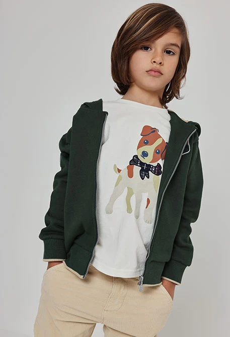 Green hooded fleece jacket for boys with patch
