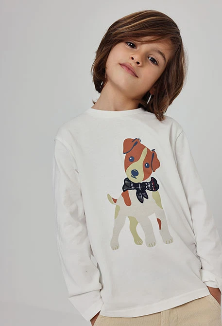 Camiseta punto niño blanca estampado de perro