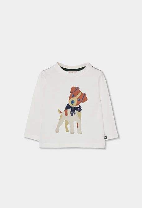 Weißes Strick-T-Shirt für Jungen mit Hundeaufdruck