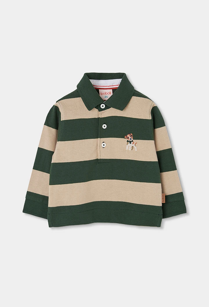 Polo in maglia a righe bambino verde con ricamo di cane