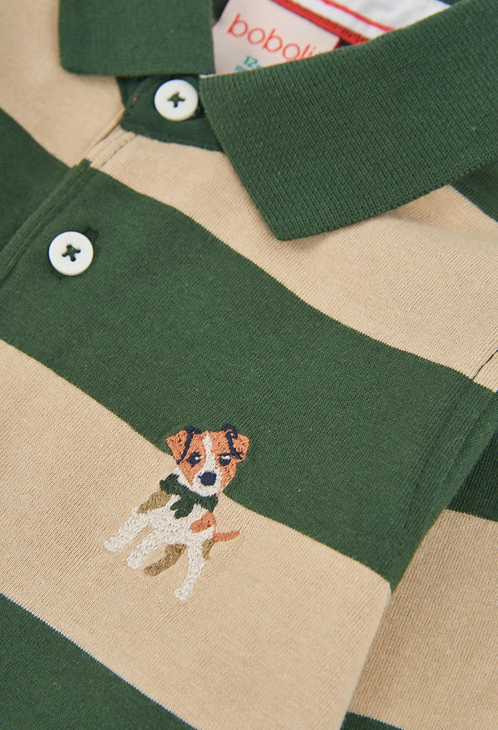 Striped knitted polo shirt for boys in green with embroidered dog