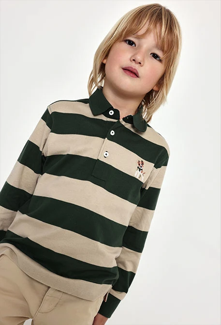 Striped knitted polo shirt for boys in green with embroidered dog