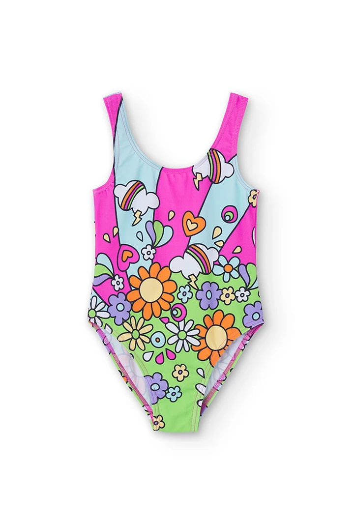 Bañador estampado de niña en color fresa