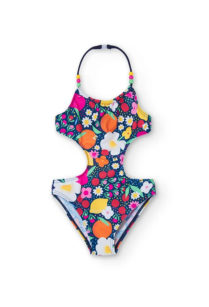 Girl's fruit swimsuit in fuchsia colour