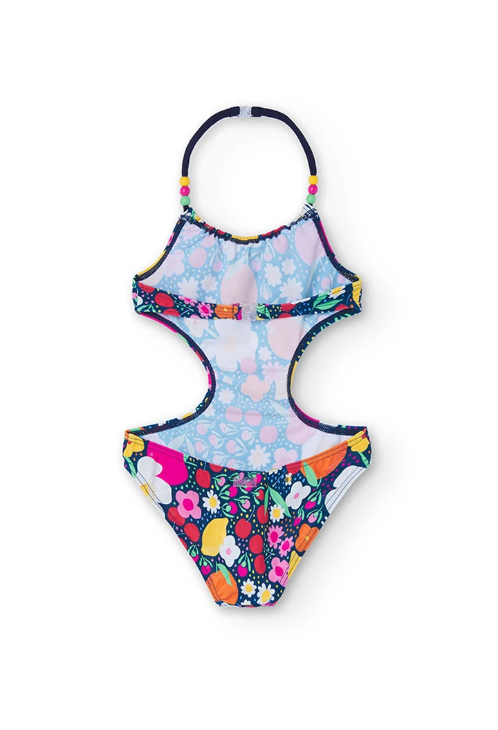 Girl's fruit swimsuit in fuchsia colour