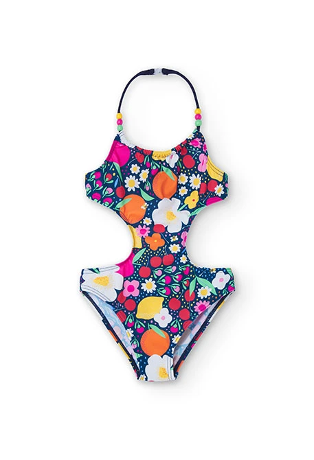 Girl's fruit swimsuit in fuchsia colour