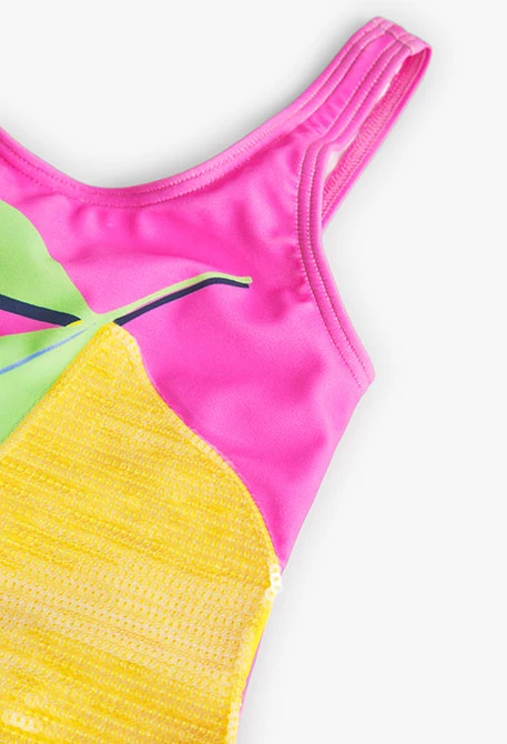Girl's sequinned swimsuit in fuchsia colour