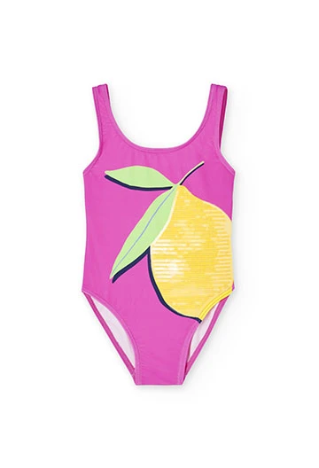 Girl\'s sequinned swimsuit in fuchsia colour