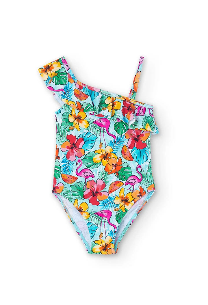 Costume da bagno con volant da bambina con stampa a fiori rosa