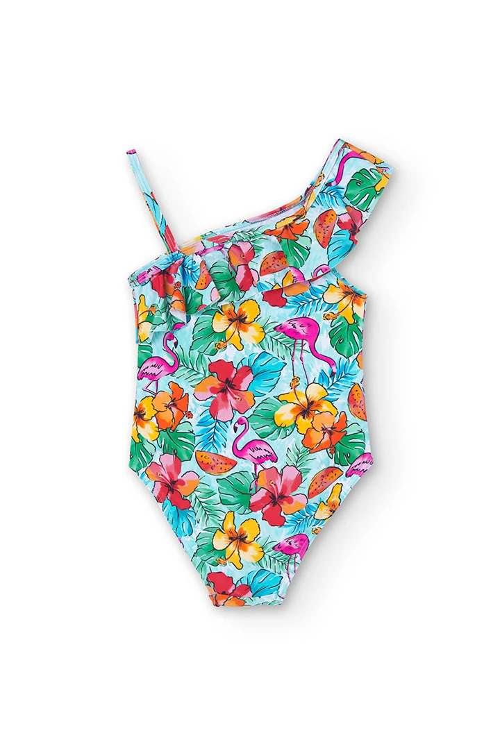 Girl\'s ruffled swimsuit with pink flower print