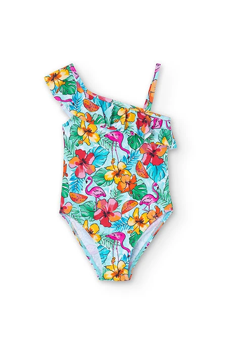 Girl's ruffled swimsuit with pink flower print