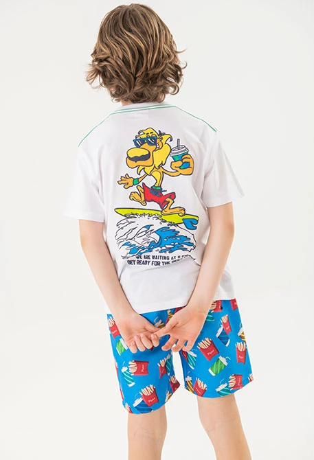 Badehose aus recyceltem Material für Jungen in Blau mit Muster.
