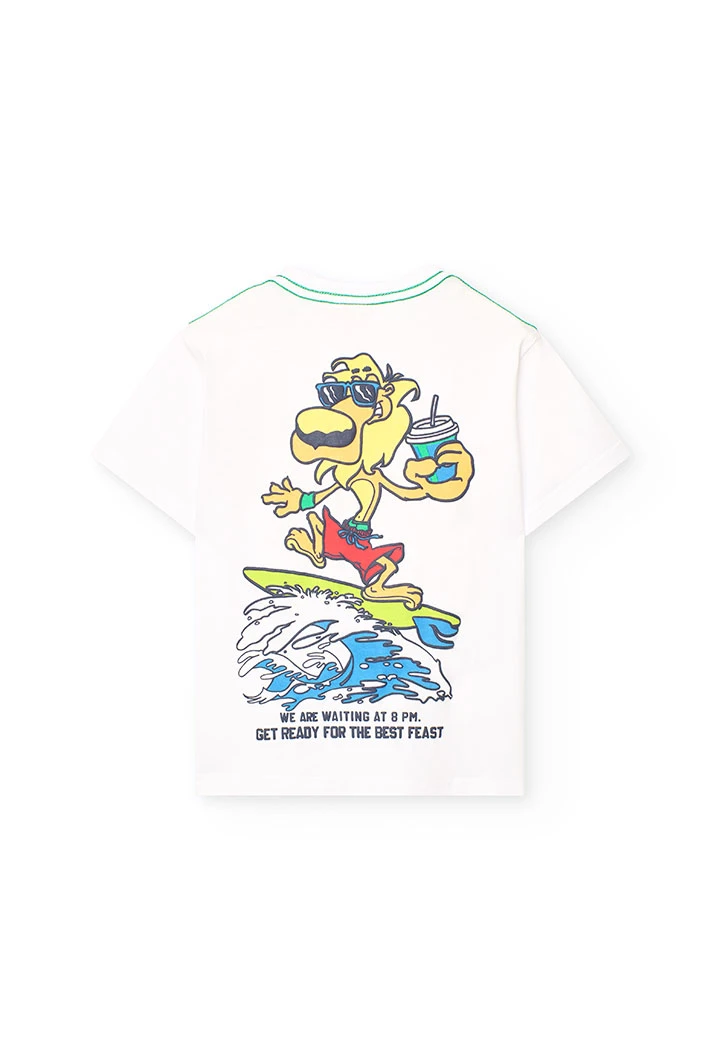 T-shirt en tricot pour garçon en blanc avec motif de lion surfeur