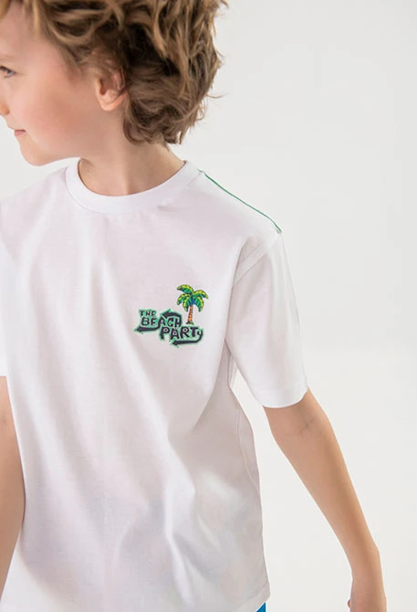 T-shirt en tricot pour garçon en blanc avec motif de lion surfeur