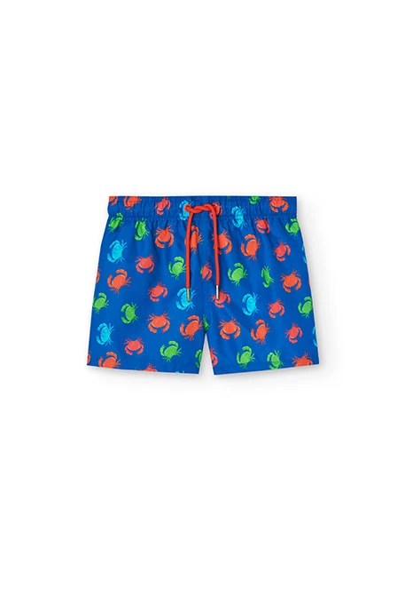Boys\' swim trunks made from recycled fabric in blue with a crab print