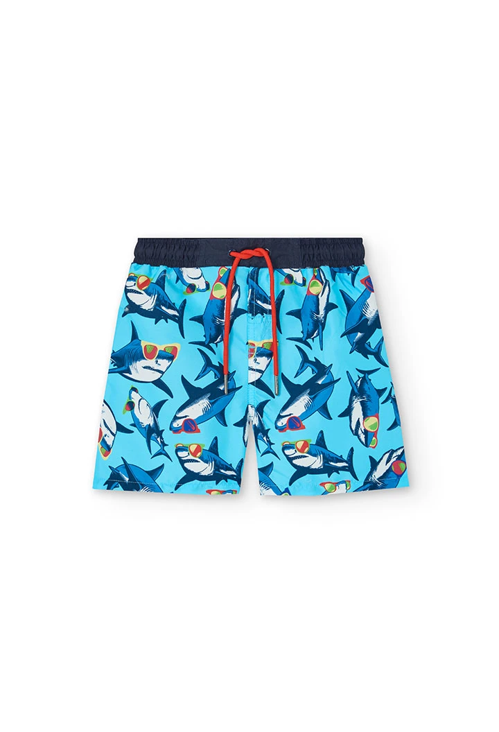 Maillot de bain en tissu recyclé pour garçon en bleu marine avec motif de requins.