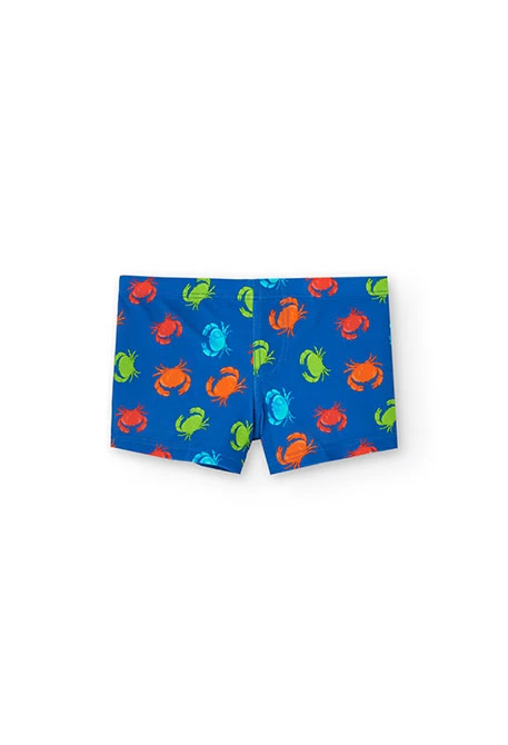 Maillot de bain pour enfant en polyamide de couleur bleue avec motif de crabes.