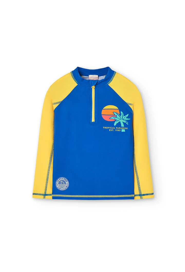 T-shirt de protection solaire pour enfant en bleu et jaune.