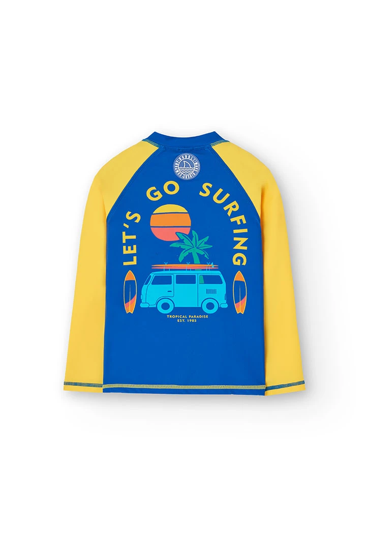 T-shirt de protection solaire pour enfant en bleu et jaune.