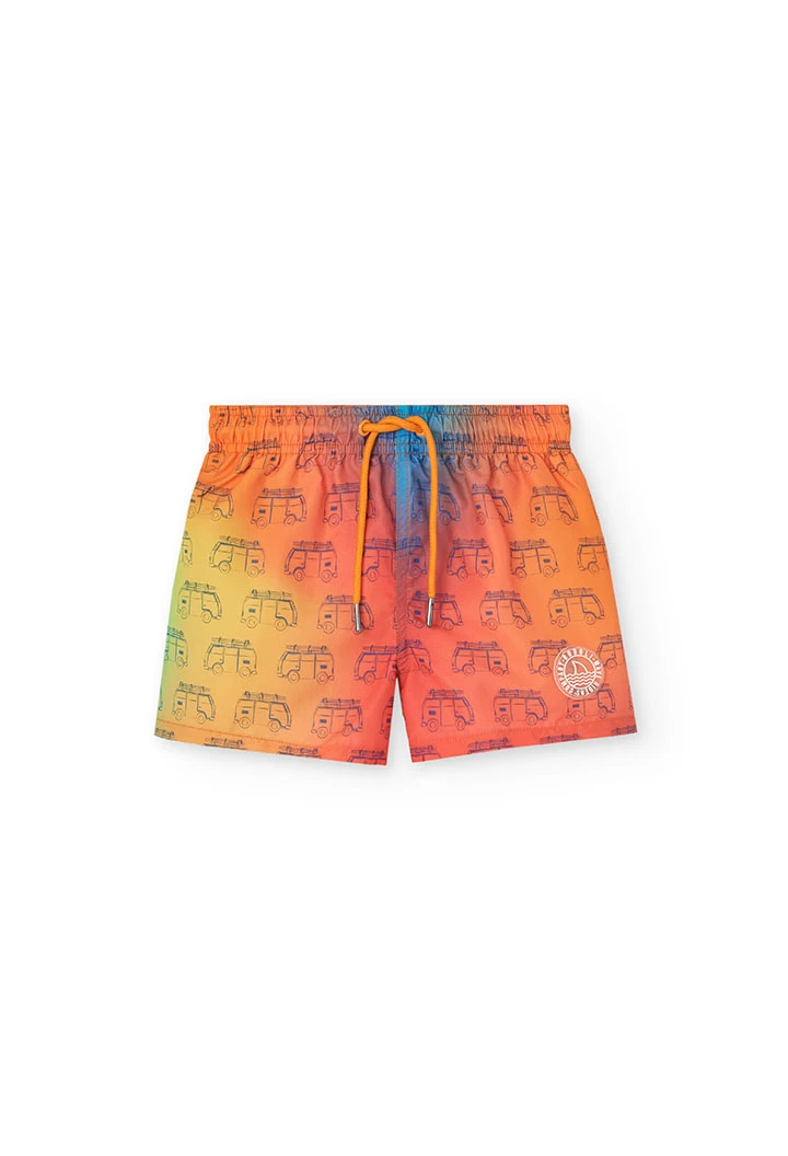 Recycled fabric swim trunks for boys in orange colour