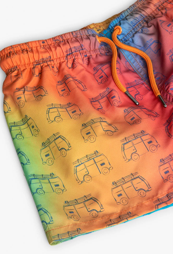 Recycled fabric swim trunks for boys in orange colour