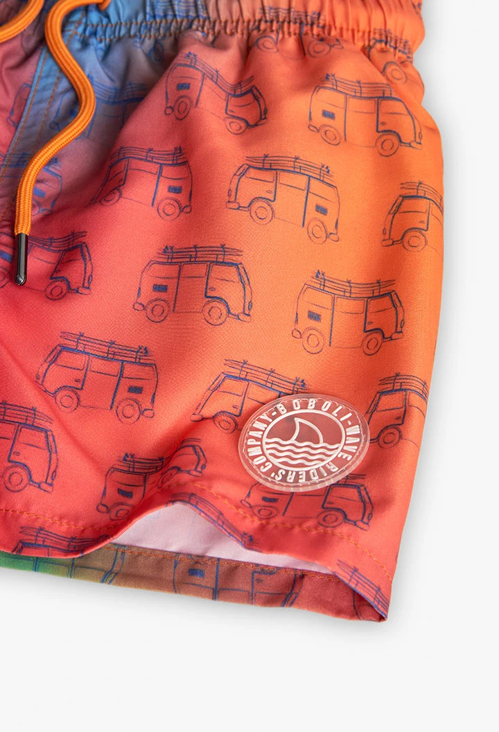Recycled fabric swim trunks for boys in orange colour