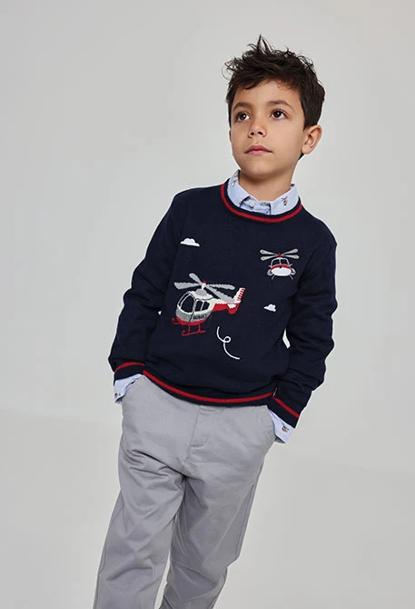 Pull garçon bleu marine imprimé hélicoptères