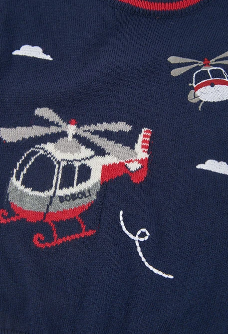 Pull garçon bleu marine imprimé hélicoptères