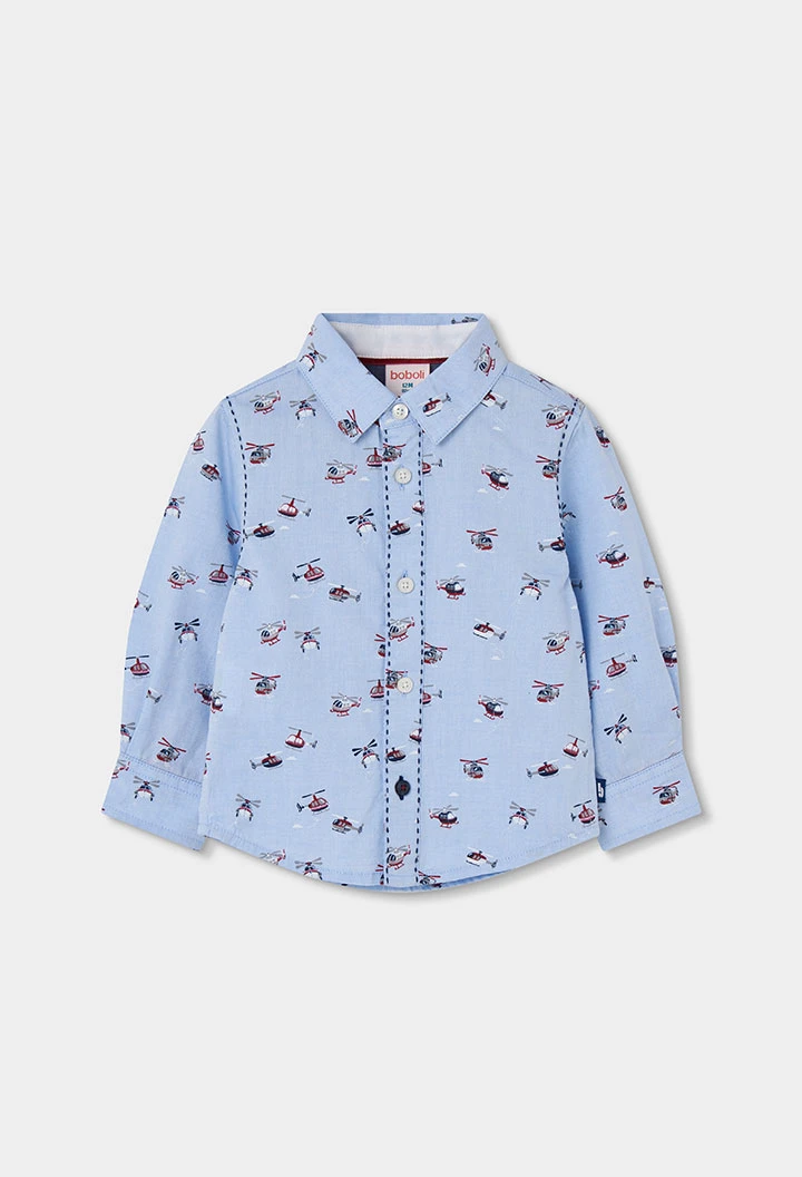 Chemise Oxford garçon bleue imprimée hélicoptères