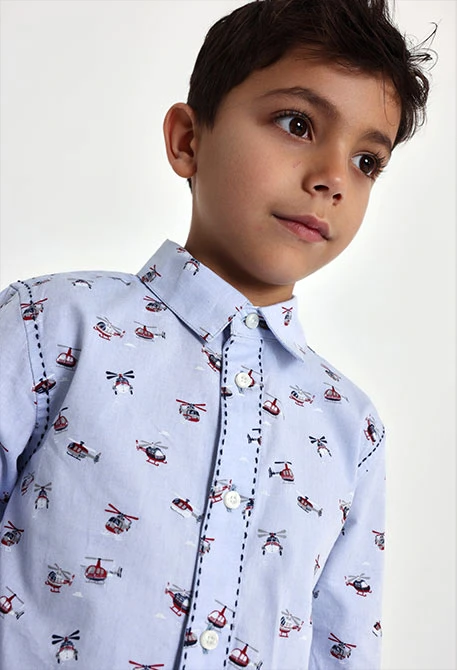 Chemise Oxford garçon bleue imprimée hélicoptères