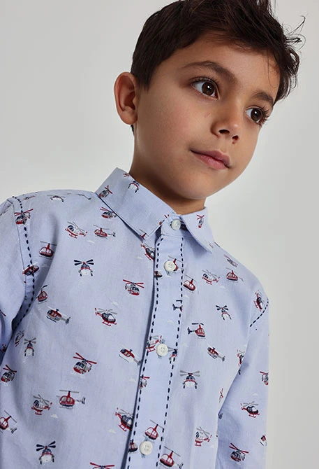 Chemise Oxford garçon bleue imprimée hélicoptères