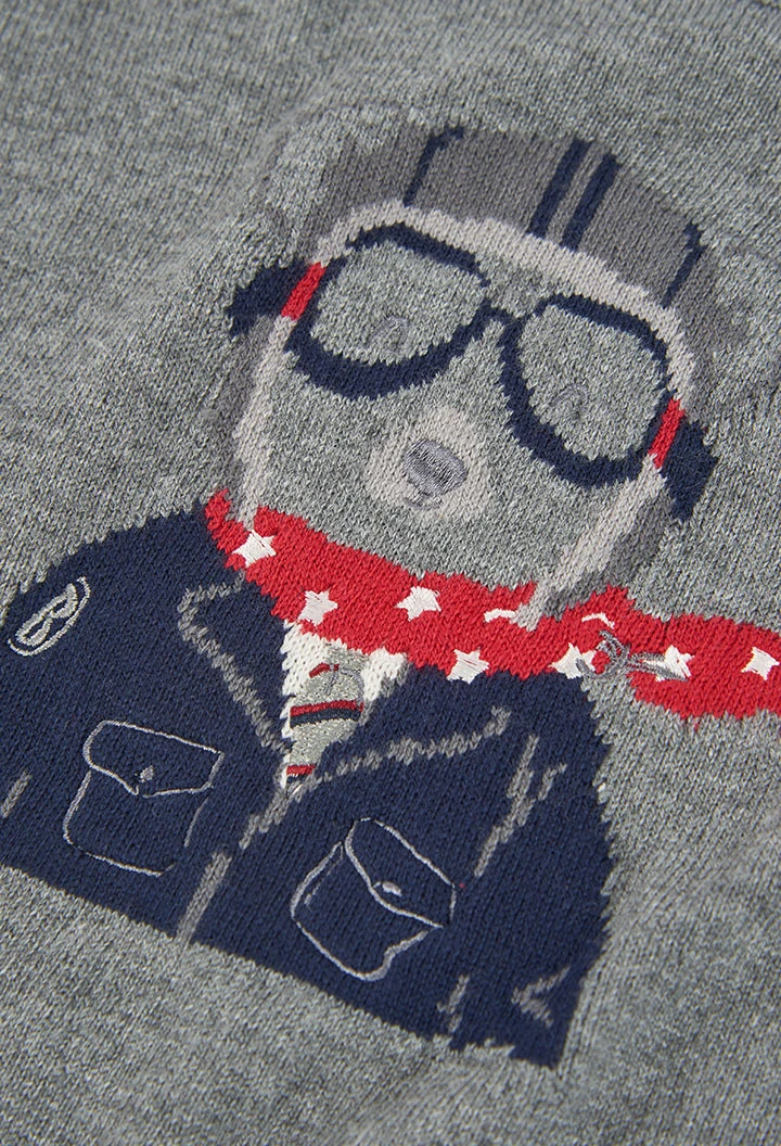 Pull garçon gris chiné imprimé ours pilote