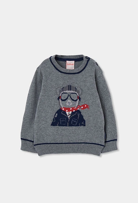 Pull garçon gris chiné imprimé ours pilote