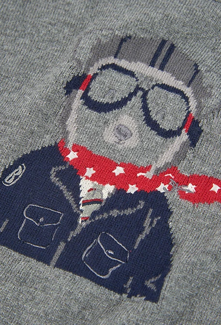 Pull garçon gris chiné imprimé ours pilote