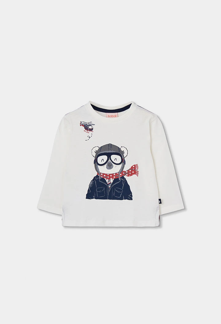White knitted boy\'s T-shirt with pilot koala print