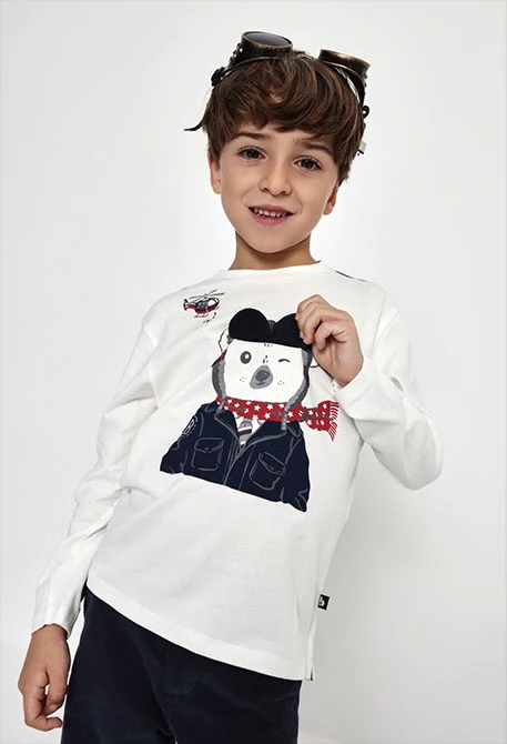 Weißes Jungen-Strickshirt mit Koala-Piloten-Aufdruck