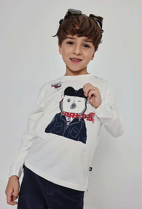 White knitted boy\'s T-shirt with pilot koala print