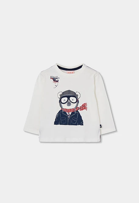 Weißes Jungen-Strickshirt mit Koala-Piloten-Aufdruck