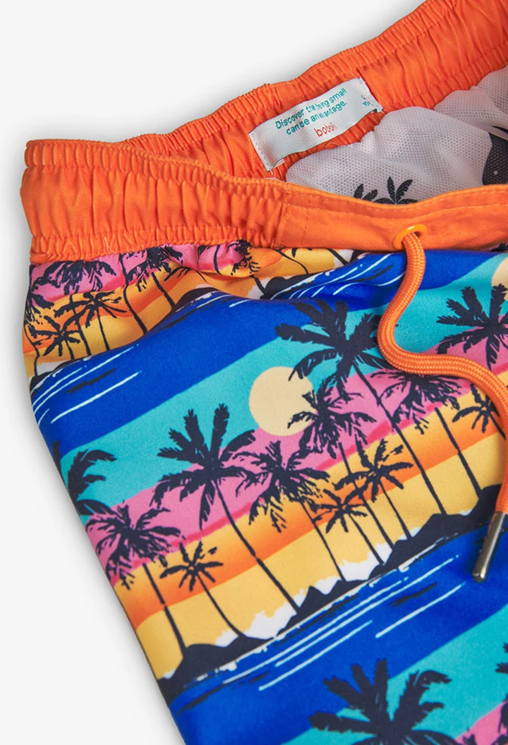 Maillot de bain garçon avec imprimé palmier en couleur orange