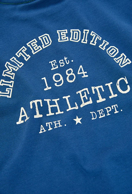 Blue knitted boy\'s T-shirt with Athletic embroidery