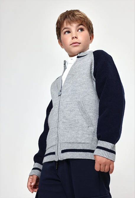 Blue and grey combined navy blue knitted jacket for boys