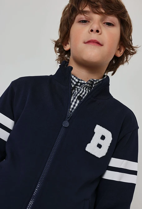 Navy blue boy\'s towelling jacket with letter B