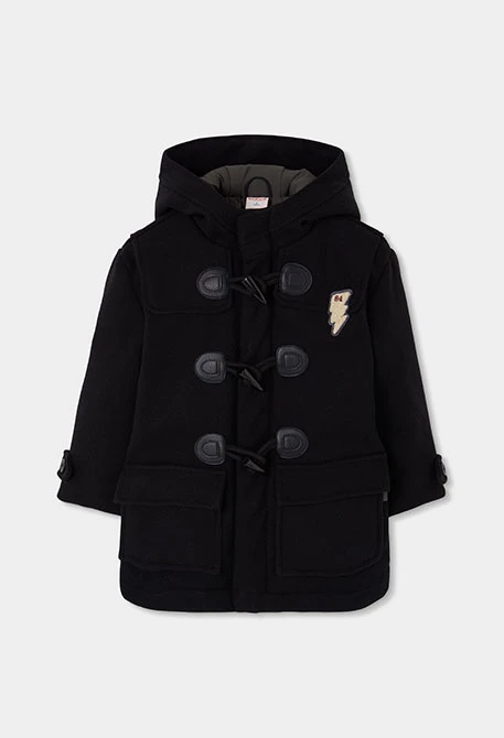 Duffle-coat drap garçon noir avec patch éclair