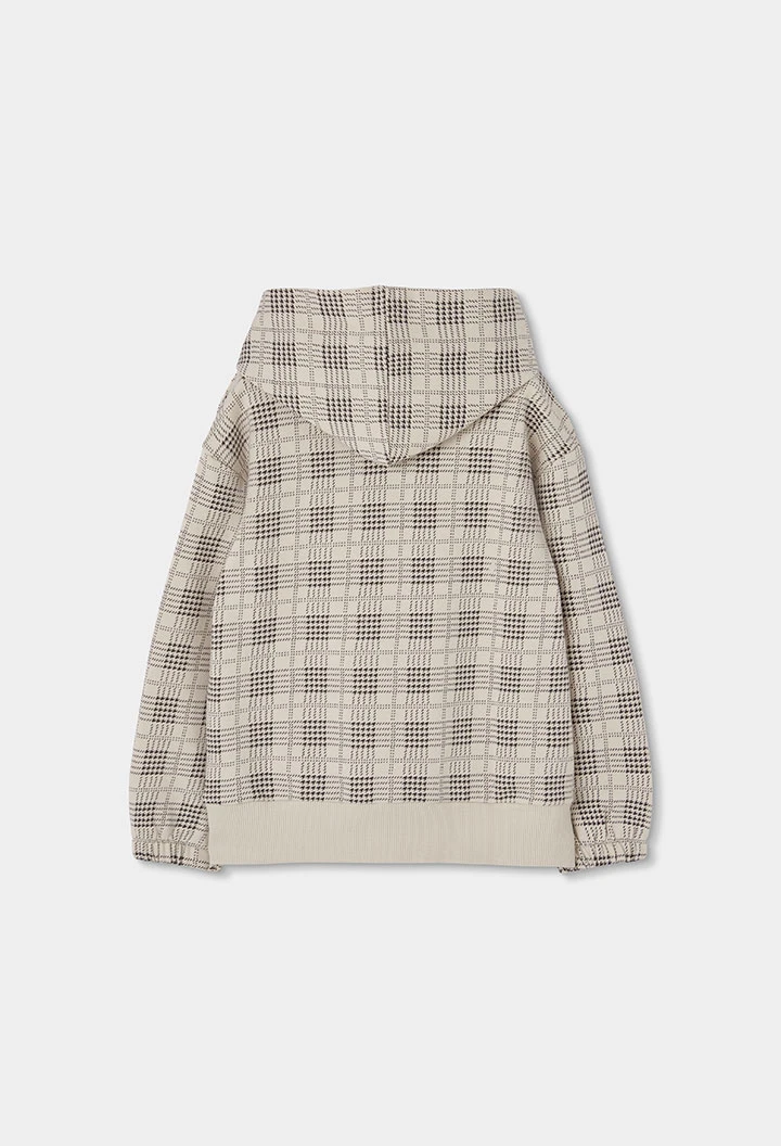 Beige checked print boy fleece sweatshirt