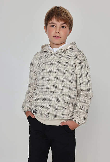 Beige checked print boy fleece sweatshirt