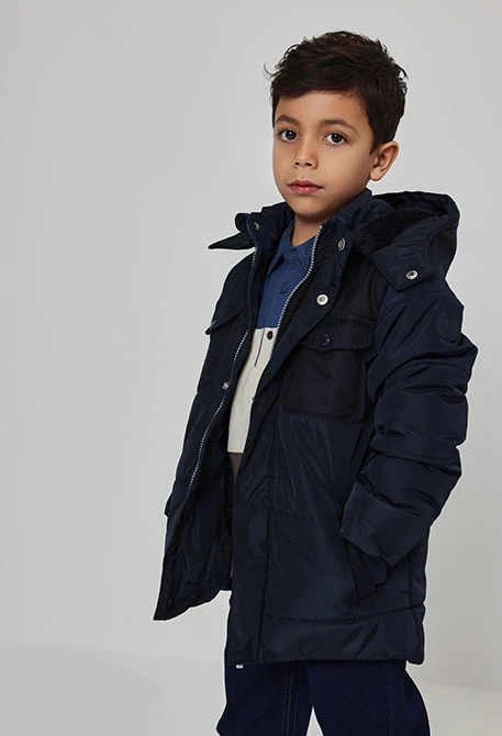 Navy blue technical fabric hooded boys\' parka