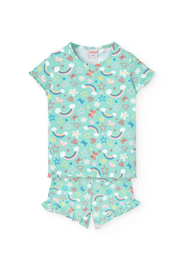 Pijama de malha para menina com estampado de arco-íris e flores em tons verdes